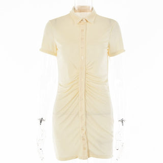 Turnover collar short sleeve ruched button mini dress