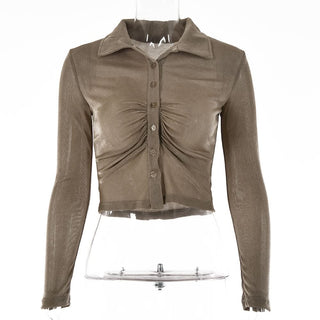 Turnover collar long sleeve ruched button crop top