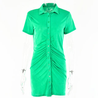 Turnover collar short sleeve ruched button mini dress