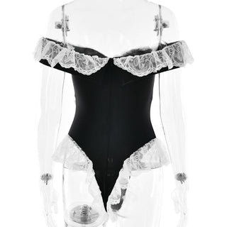 Off shoulder ruffle lace hem bodysuit