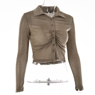 Turnover collar long sleeve ruched button crop top