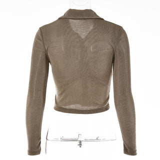 Turnover collar long sleeve ruched button crop top