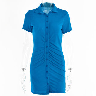 Turnover collar short sleeve ruched button mini dress