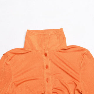 Turnover collar long sleeve ruched button crop top