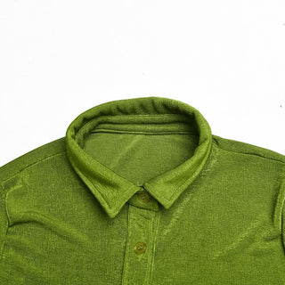 Turnover collar short sleeve ruched button mini dress