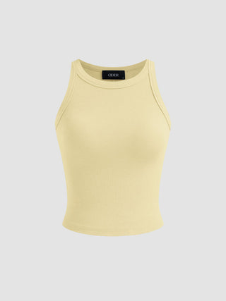 Cotton-blend Round Neckline Solid Tank Top