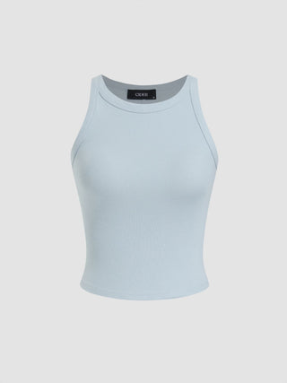 Cotton-blend Round Neckline Solid Tank Top