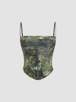 Mesh Abstract Ruched Corset Crop Cami Top