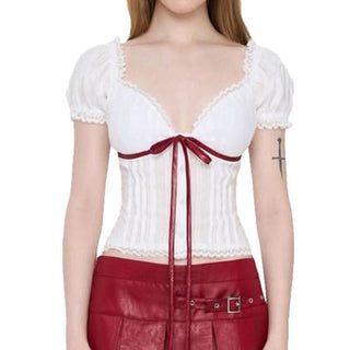 Puff short sleeve lace hem bowknot top