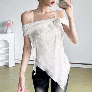 Off shoulder flower applique irregular top