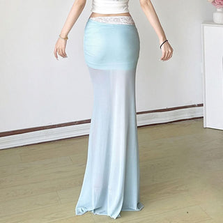 Flower applique lace hem mesh maxi skirt