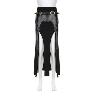 PU leather patchwork belt high slit skirt