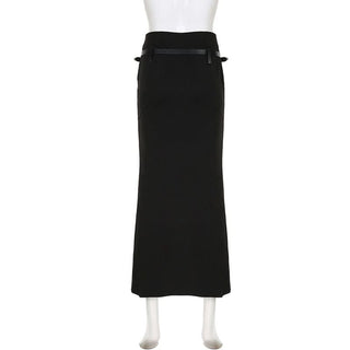 PU leather patchwork belt high slit skirt