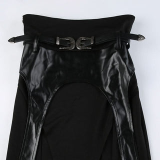 PU leather patchwork belt high slit skirt