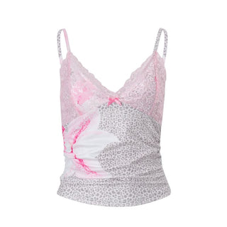 Flower print v neck lace hem bowknot cami top