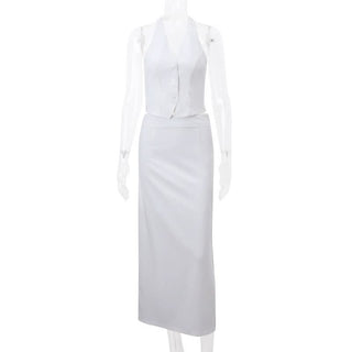Halter v neck button knotted maxi skirt set