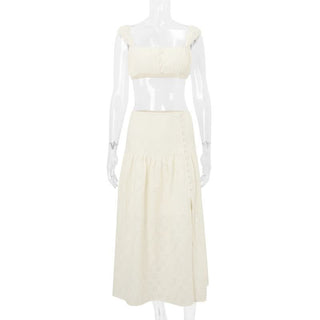 Square neck button slit crop maxi skirt