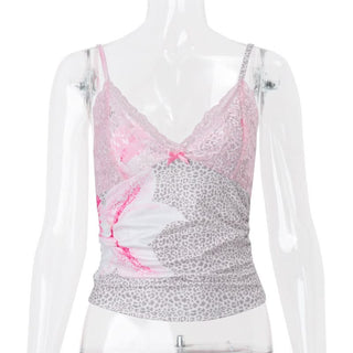 Flower print v neck lace hem bowknot cami top