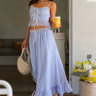 Ruffle stitch smocked bowknot cami maxi skirt set