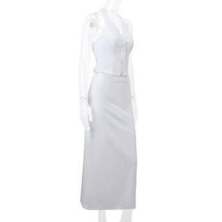 Halter v neck button knotted maxi skirt set