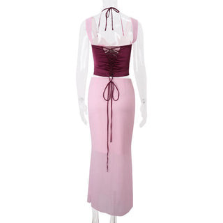 Halter corset lace up slit maxi skirt set