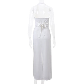 Halter v neck button knotted maxi skirt set