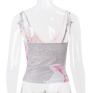 Flower print v neck lace hem bowknot cami top