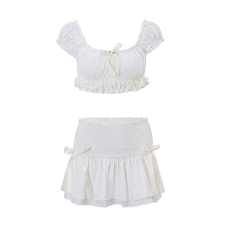 Puff sleeve bowknot smocked ruched mini skirt set