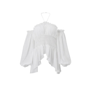 Halter off shoulder ruched smocked ruffle top