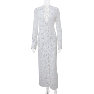 Lace long sleeve slit lace up maxi dress