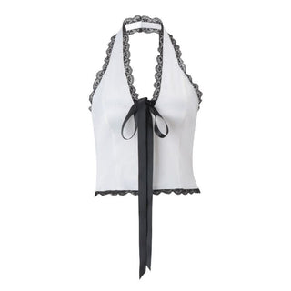 Halter lace hem bowknot backless top