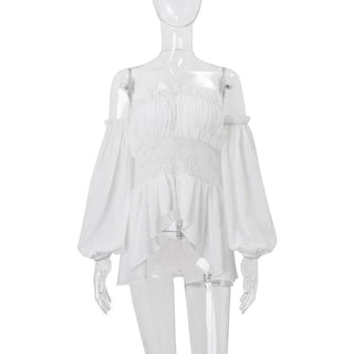 Halter off shoulder ruched smocked ruffle top