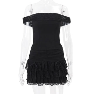 Off shoulder bowknot ruffle ruched mini skirt set