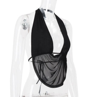 Halter backless mesh self tie crop top