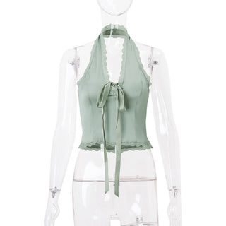 Halter lace hem bowknot backless top