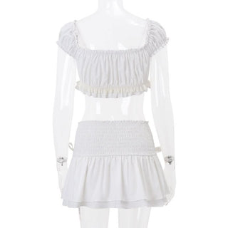 Puff sleeve bowknot smocked ruched mini skirt set