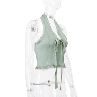 Halter lace hem bowknot backless top