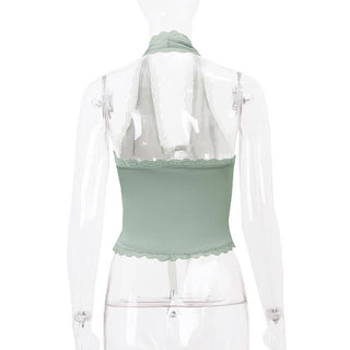 Halter lace hem bowknot backless top