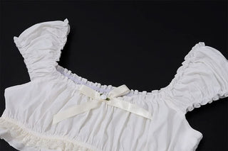 Puff sleeve bowknot smocked ruched mini skirt set