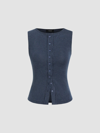 Round Neckline Stripe Button Through Tank Top