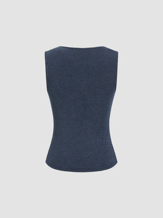 Round Neckline Stripe Button Through Tank Top