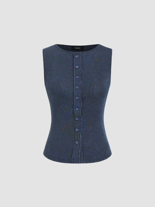 Round Neckline Stripe Button Through Tank Top