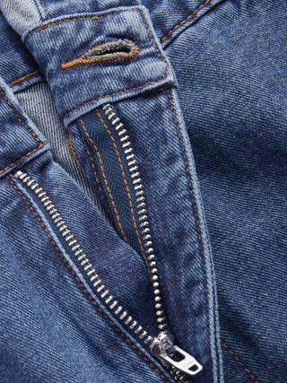 Denim V-neck Button Pocket Wide Leg Jumpsuit