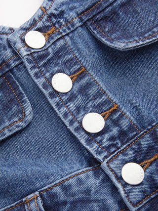 Denim V-neck Button Pocket Wide Leg Jumpsuit