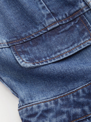 Denim V-neck Button Pocket Wide Leg Jumpsuit