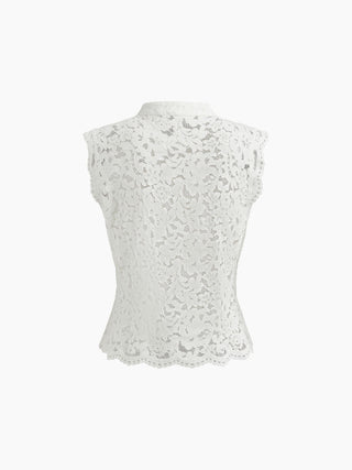 Lace Mandarin Collar Guipure Split Tank Top
