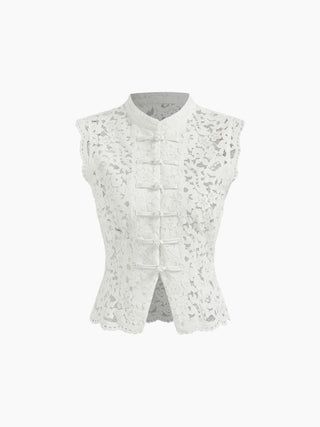 Lace Mandarin Collar Guipure Split Tank Top