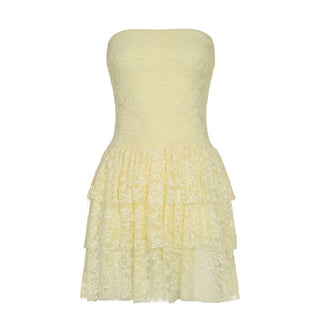 Lace ruffle ruched tube mini dress