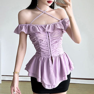 Halter off shoulder ruffle ruched button top