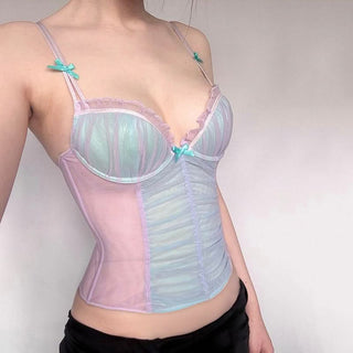 Sweetheart neck ruffle bowknot mesh cami top